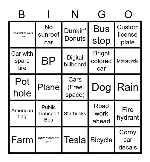 Road Trip Bingo Card