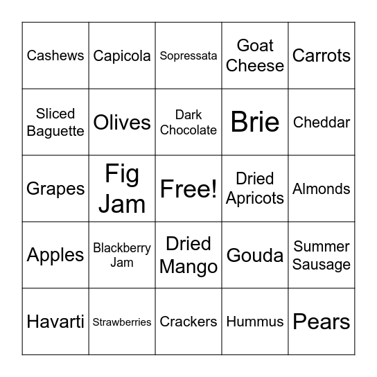 Charcuterie Bingo Card