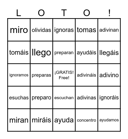 -AR verb conjugations English>Spanish Bingo Card