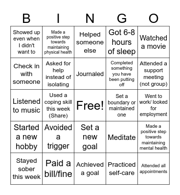 Recovery Bingo Card