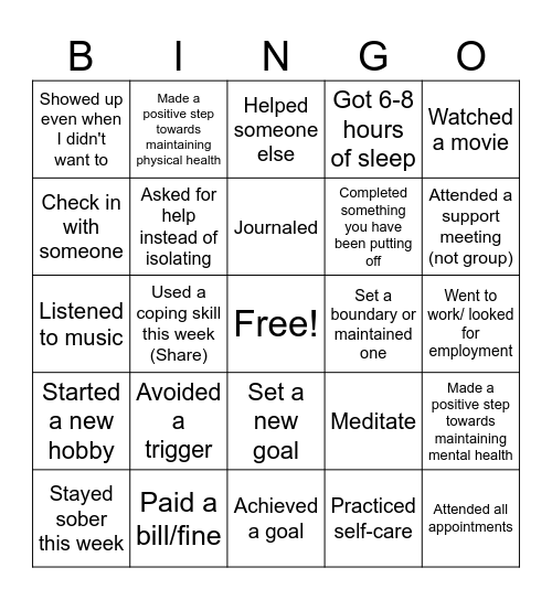 Recovery Bingo Card