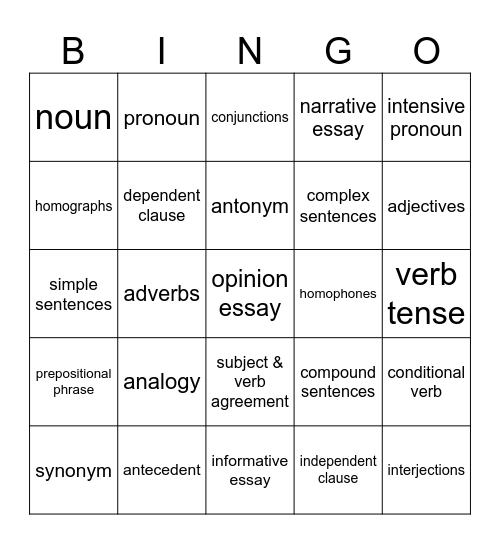 5th Grade ELA Review Bingo Card