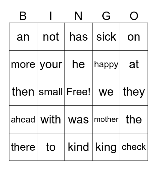 Grade 1  Words Bingo Card