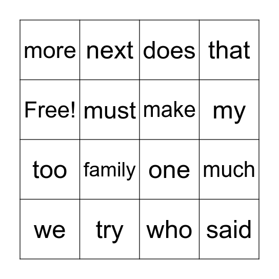 Sight Word Bingo 1.0 Bingo Card