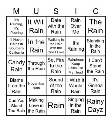 Songs With Rain In The Title Bingo Card