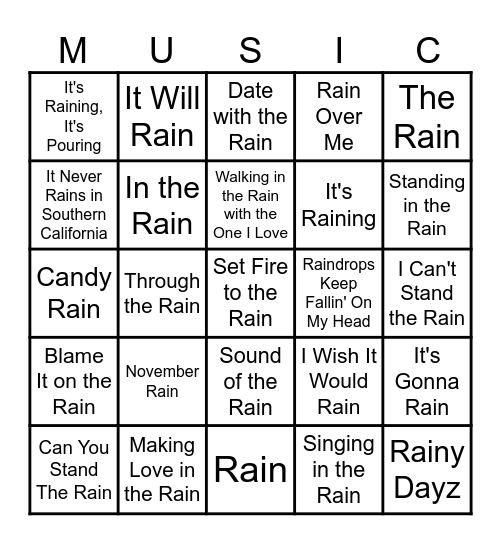 Songs With Rain In The Title Bingo Card