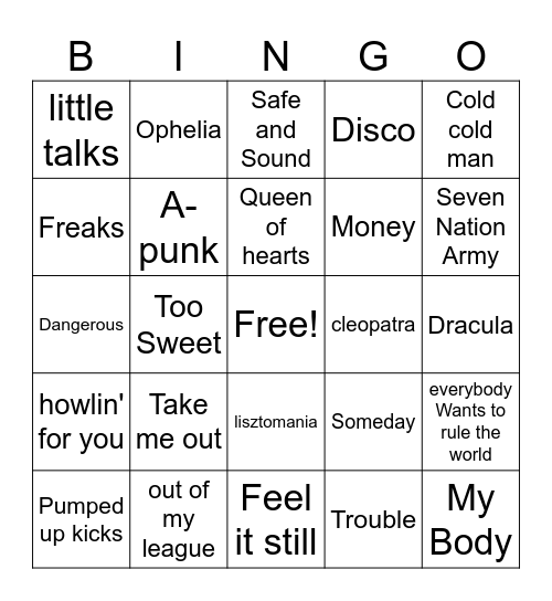 Indie Pop/ Rock 3 Bingo Card