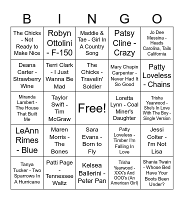 Female Country Bingo Card