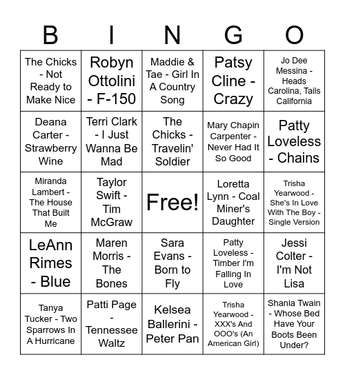 Female Country Bingo Card