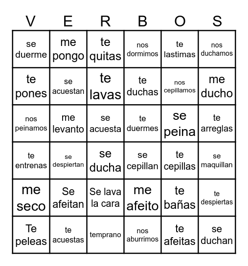 VERBOS REFLEXIVOS Bingo Card