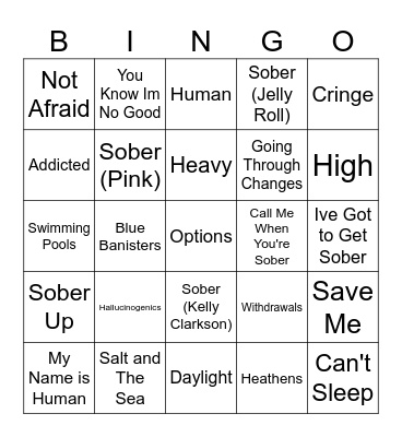 Recovery/ Mental Health Songs Bingo Card