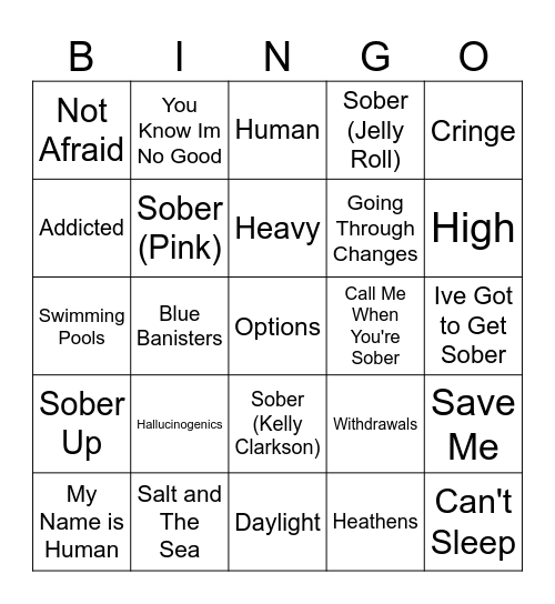 Recovery/ Mental Health Songs Bingo Card