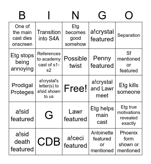 S4B later chapters and ending(?) Bingo Card