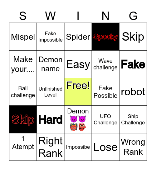 Geometry Dash Bingo Card