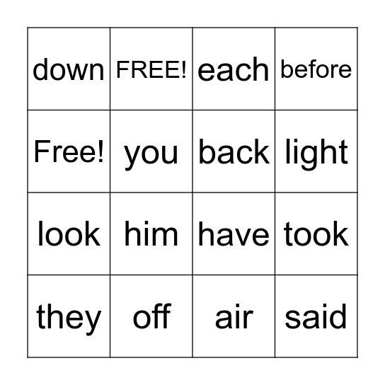 Sight Word Bingo 1.5 Bingo Card