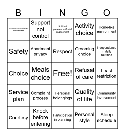 Resident Rights and Dignity Bingo Card