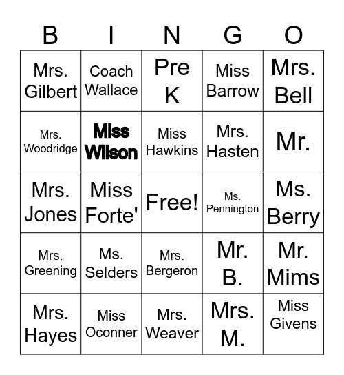 Crestworth Elementary School Bingo Card