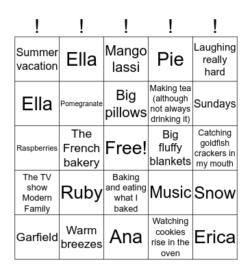 Nieva's Favourite Things Bingo Card