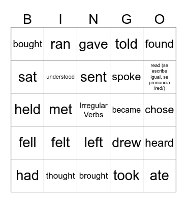 Irregular Verbs Bingo Card