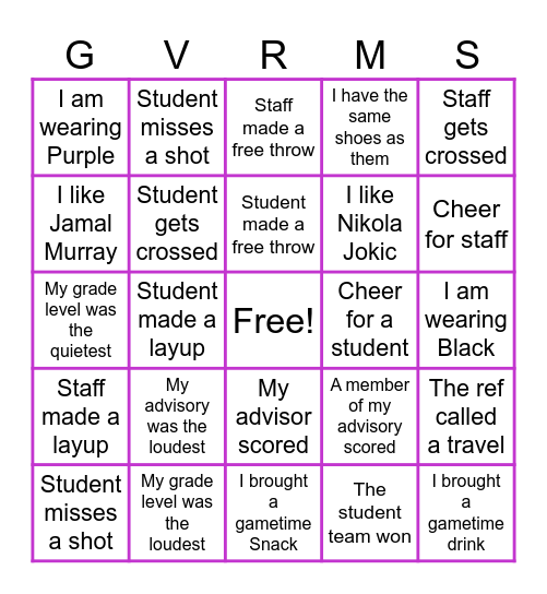 CMAS Pep Rally Bingo Card