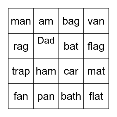 Short A Bingo Card