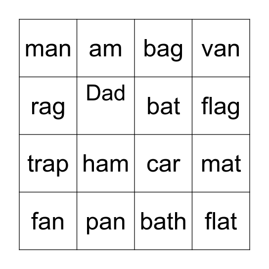 Short A Bingo Card