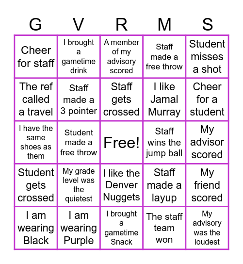 CMAS Pep Rally Bingo Card