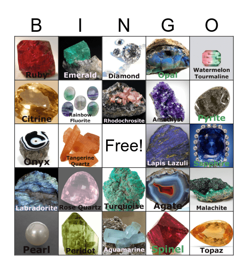 Gem and Mineral Bingo Card