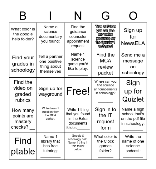 Schoology Bingo Card
