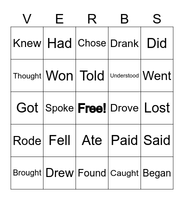 Irregular Verbs Bingo Card