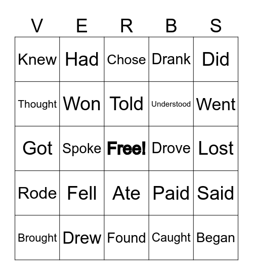 Irregular Verbs Bingo Card