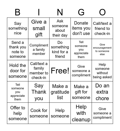 Gratitude Bingo Card