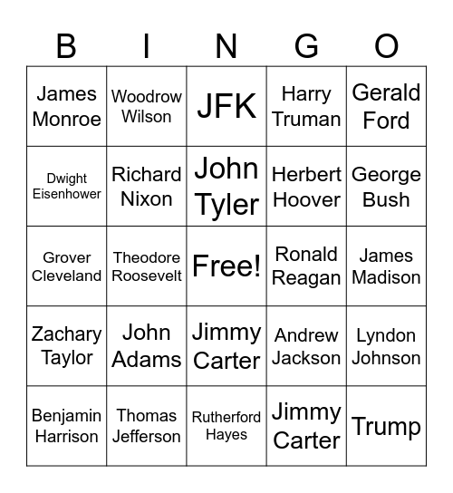 U S PRESIDENTS BINGO Card