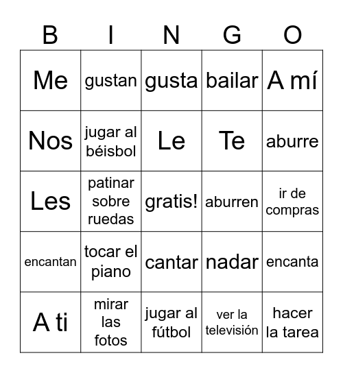 Español 1 Vocab/Gustar/Aburrir/Encantar Bingo Card