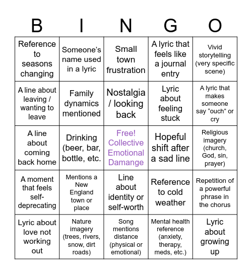 The Great Divide Listening Party Bingo Card