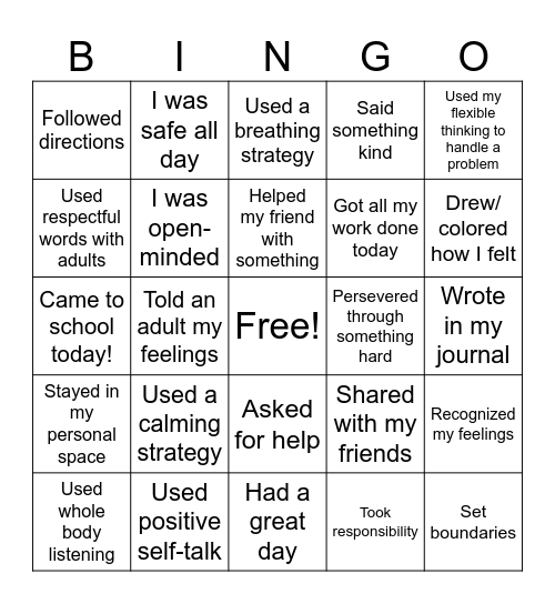 3rd Grade SEL Bingo Card