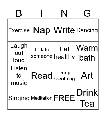 STRESS REDUCTION Bingo Card