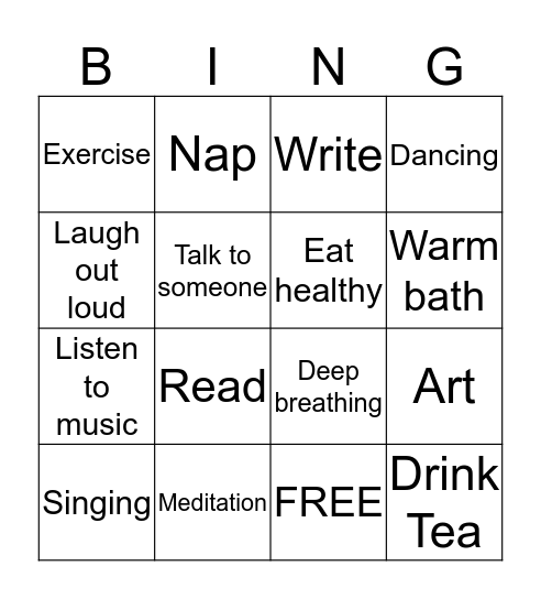 STRESS REDUCTION Bingo Card