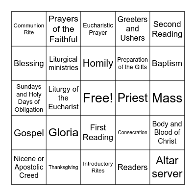 Catholic Mass Bingo Card