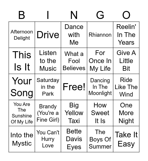 Easy Listening Bingo Card