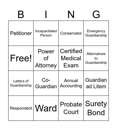 Guardianship Bingo Card