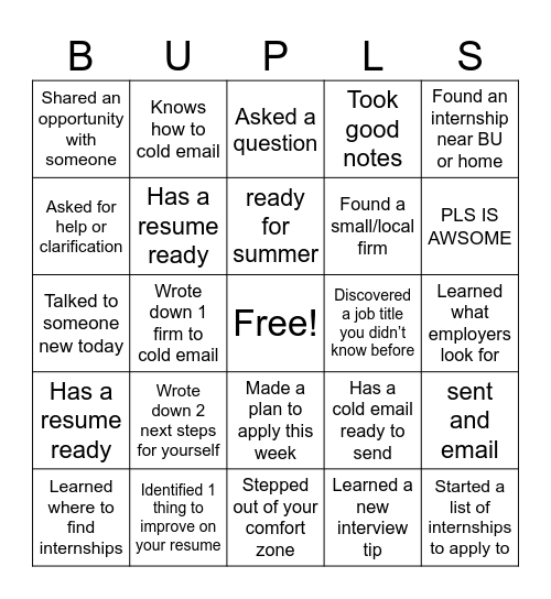 Internship Ready Bingo Card