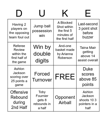 Women's Blue Devils Basketball Bingo Card