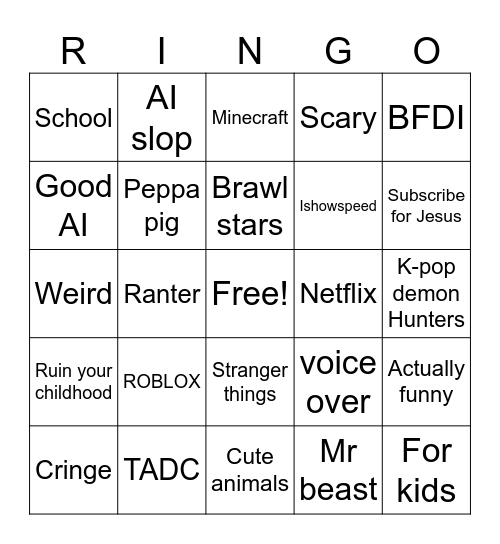 Shorts bingo Card