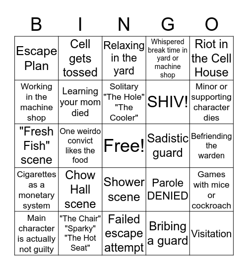 #TCMParty Prison Movie  B I N G O Bingo Card