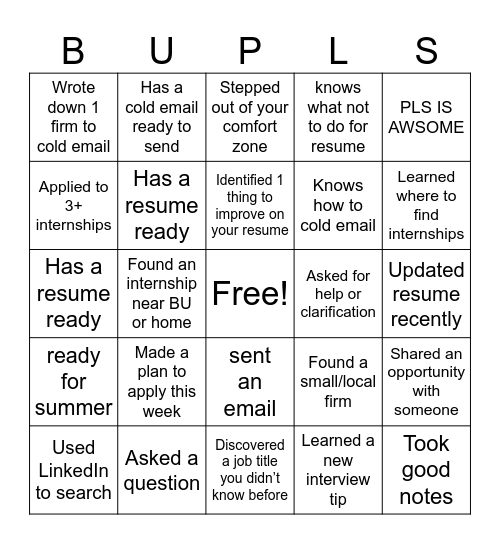 Internship Ready Bingo Card