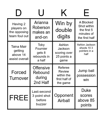 Duke Women’s Basketball Bingo Card