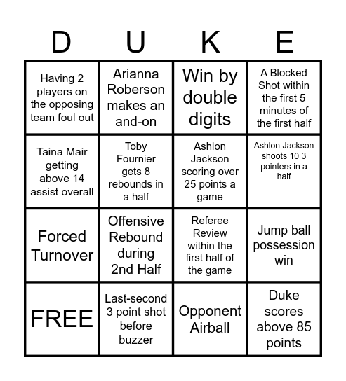 Duke Women’s Basketball Bingo Card