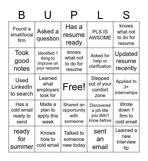 Internship Ready Bingo Card