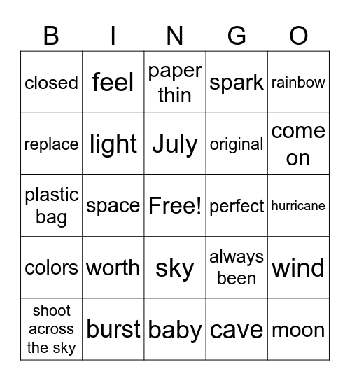 Firework Bingo Card